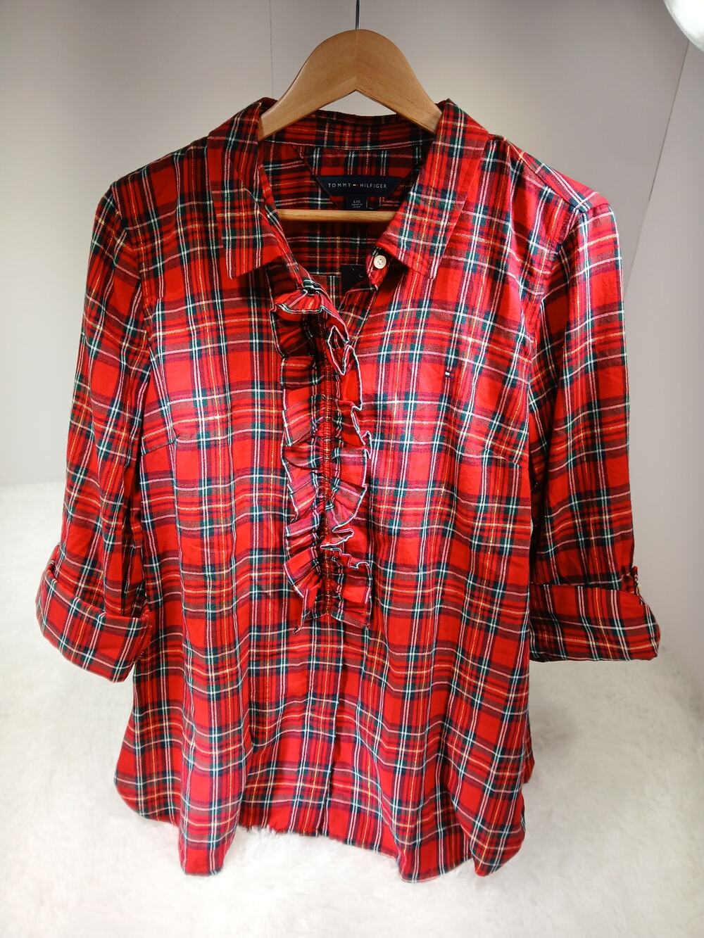 Tommy Hilfiger NWT Red Plaid Cascading Ruffle Blouse- Women's Size Large
